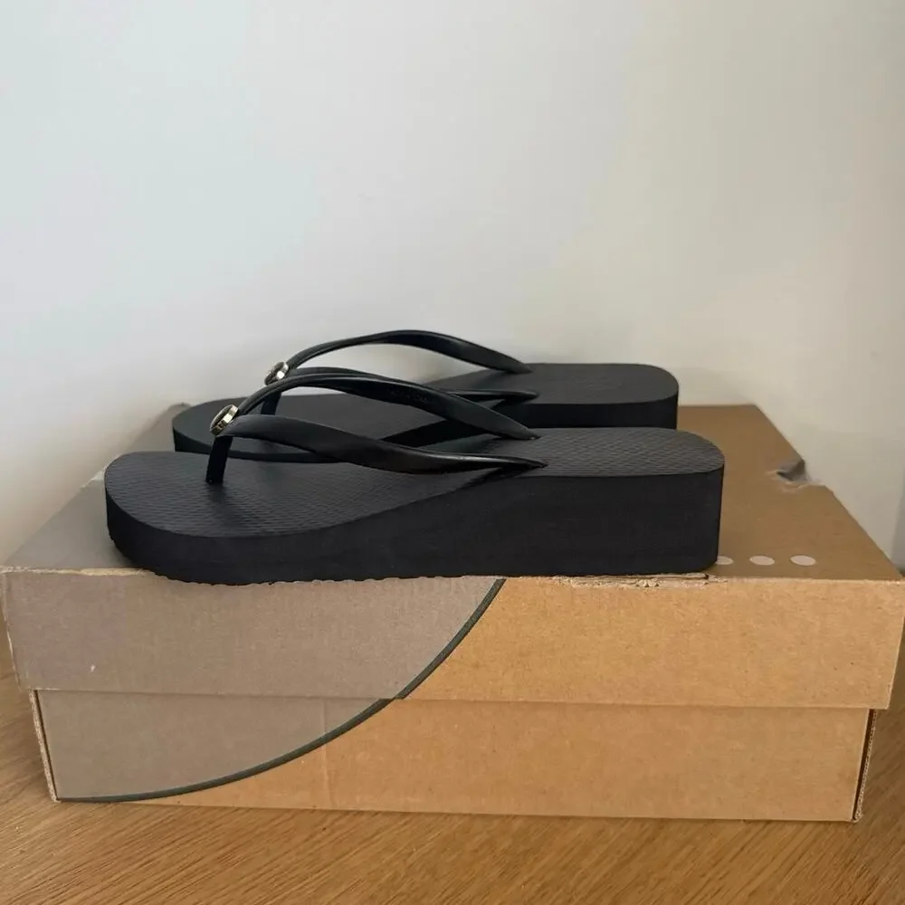 Tory Burch Black/Gold Women Slip On Wedge Sandals- SZ 7